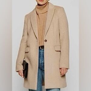 Reformation Whitmore Long Coat Wool Shawl Lapel in Dark Tan color Size Medium